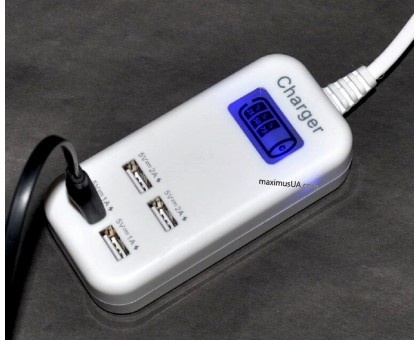 Сетевое зарядное устройство 413 на 4 USB (2x2A, 2x1A) + LED дисплей